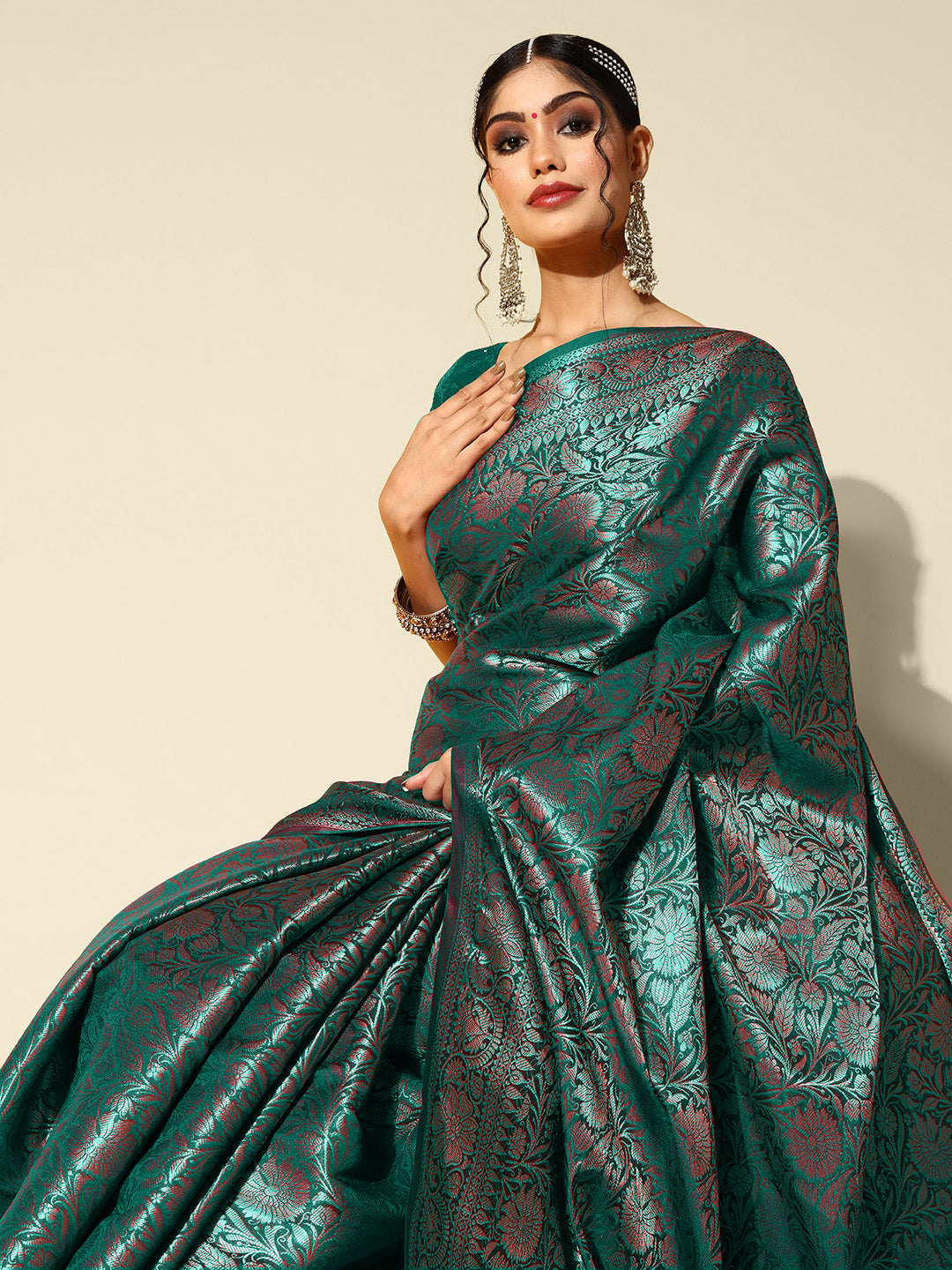 Chhabra 555 Teal Green Oxidised Zari Woven Traditional Banarasi Silk Saree With Floral Motifs 