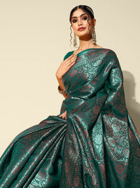 Chhabra 555 Teal Green Oxidised Zari Woven Traditional Banarasi Silk Saree With Floral Motifs 