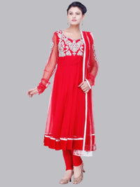 Red Net Anarkali Hand Embroidered Suit With Net Dupatta