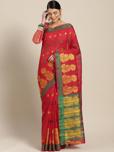 Chhabra 555 Red Chanderi Silk saree with Zari and Resham weaving in a floral pattern