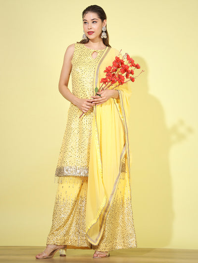 Chhabra 555 Made to Measure Yellow Heavy Sequence Embellished Kurta With Flared Palazzo & Dupatta Set