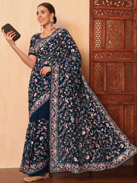 Chhabra 555 Navy Blue Parsi Resham Embroidery Saree with Intricate Floral Motifs