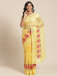 Net Resham Embroidered Saree with multicolor flowers and crystal Embellishments