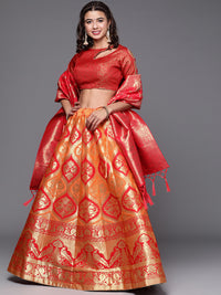 Orange & Red Semi Stitched Banarasi Brocade Silk Lehenga Set with Peacock Motif Weaving