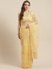 Chhabra 555 Net Resham Thread Embroidery Saree Embellished With Stone Work & Scalopped Border 

Color: Lemon

Type: NA Sarees

Pattern: Embroidered

Pattern Type: Floral

Ornamentation: Beads and Stones

Border: Embroidered

Fabric: Net

Saree length: 5.50 mtr., Width: 1.10 mtr, Blouse length: 0.70 mtr
Dry Clean

The CAD image gives a detailed look of the actual blouse piece that comes with this saree. The blouse used by the model in the pictures is only for styling purpose.