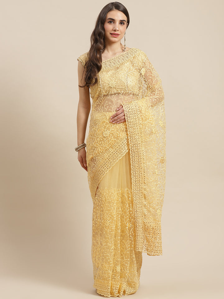 Chhabra 555 Net Resham Thread Embroidery Saree Embellished With Stone Work & Scalopped Border 

Color: Lemon

Type: NA Sarees

Pattern: Embroidered

Pattern Type: Floral

Ornamentation: Beads and Stones

Border: Embroidered

Fabric: Net

Saree length: 5.50 mtr., Width: 1.10 mtr, Blouse length: 0.70 mtr
Dry Clean

The CAD image gives a detailed look of the actual blouse piece that comes with this saree. The blouse used by the model in the pictures is only for styling purpose.