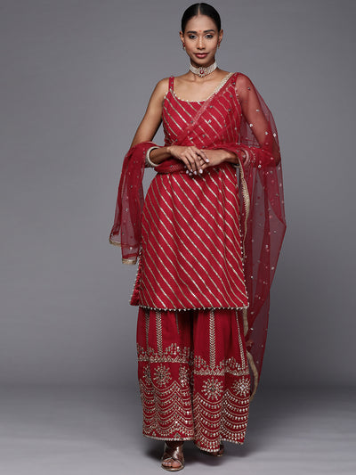Chhabra 555 Magenta Sequence, Pearl & Mirror Embellished Kurta Sharara Set With Net Lace Dupatta