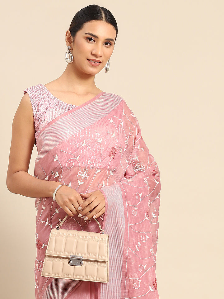 Chhabra 555 Lilac White Resham thread Embroidery Embellished Chanderi Cotton Saree with tassels 