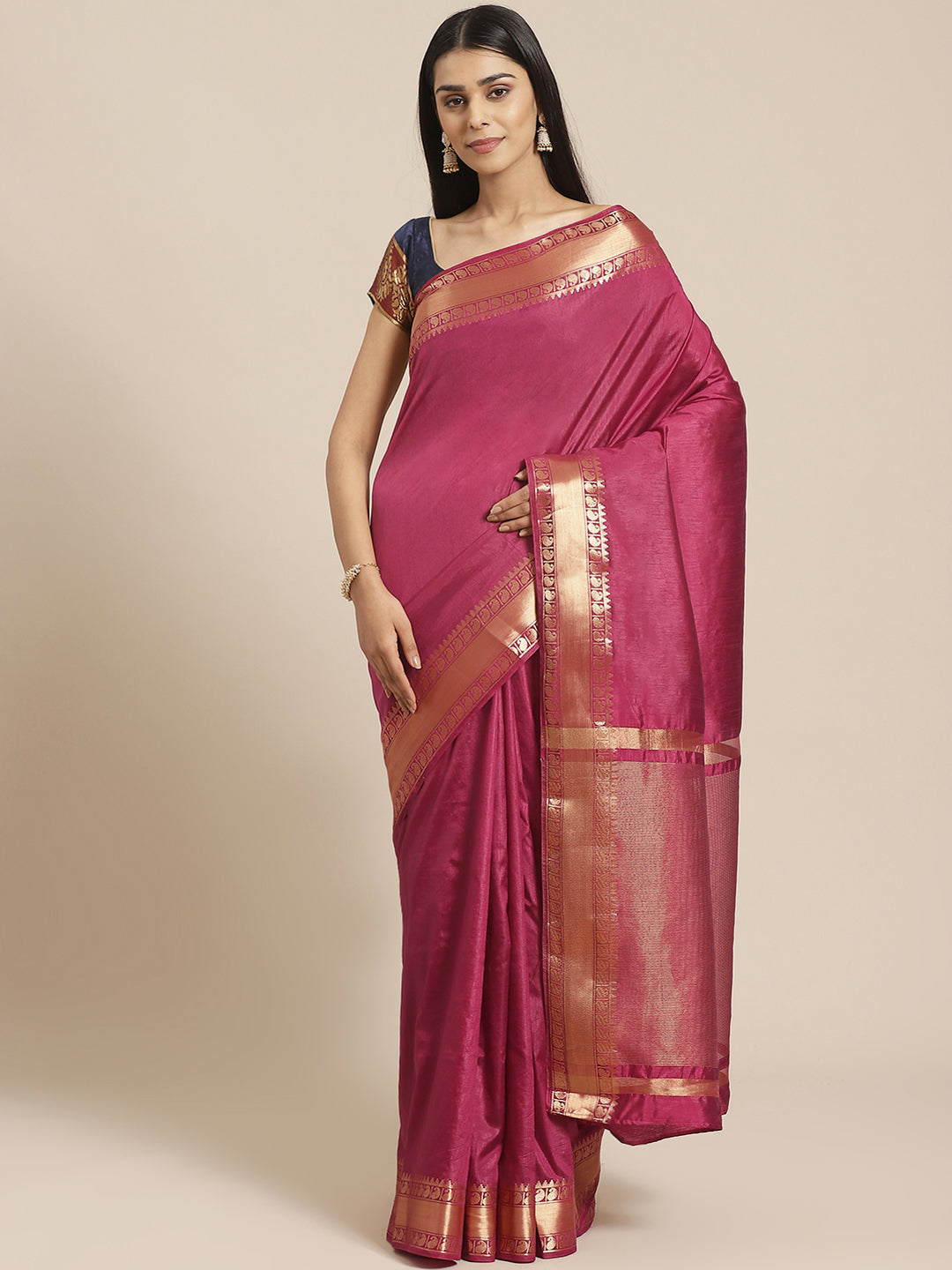 Handloom Mysore Silk Saree with Ethnic Gold Zari woven Paisley Border