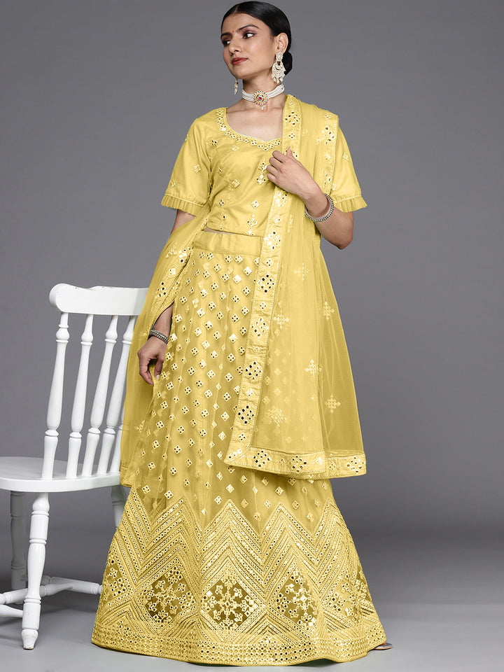 Semi Stitch Yellow Mirror Embellished Chevron Net Lehenga Choli Set