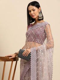 Chhabra 555 Mauve Sequences Embellished Party Wear Net Summer Saree With lace Cutwork Border