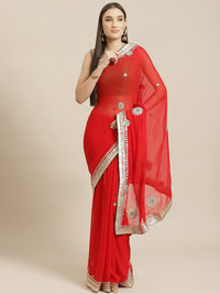 Red Jaipuri Georgette Saree with Gota Patti Embroidery & Green Contrast Blouse