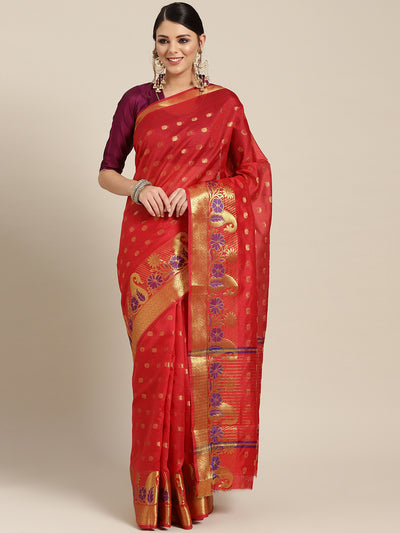 Chhabra 555 Red Chanderi Silk saree with Zari and Meenakari weaving in a paisley pattern