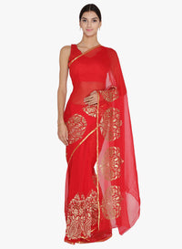 Red Chiffon Light Weight Saree with Resham Embroidered Tropical Motifs
