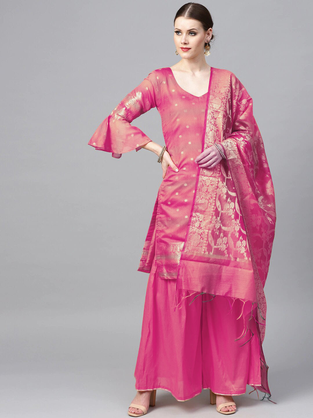 Chhabra 555 Handloom Banarasi Kurta Pallazo Set with Zari Woven dupatta & Bell sleeves