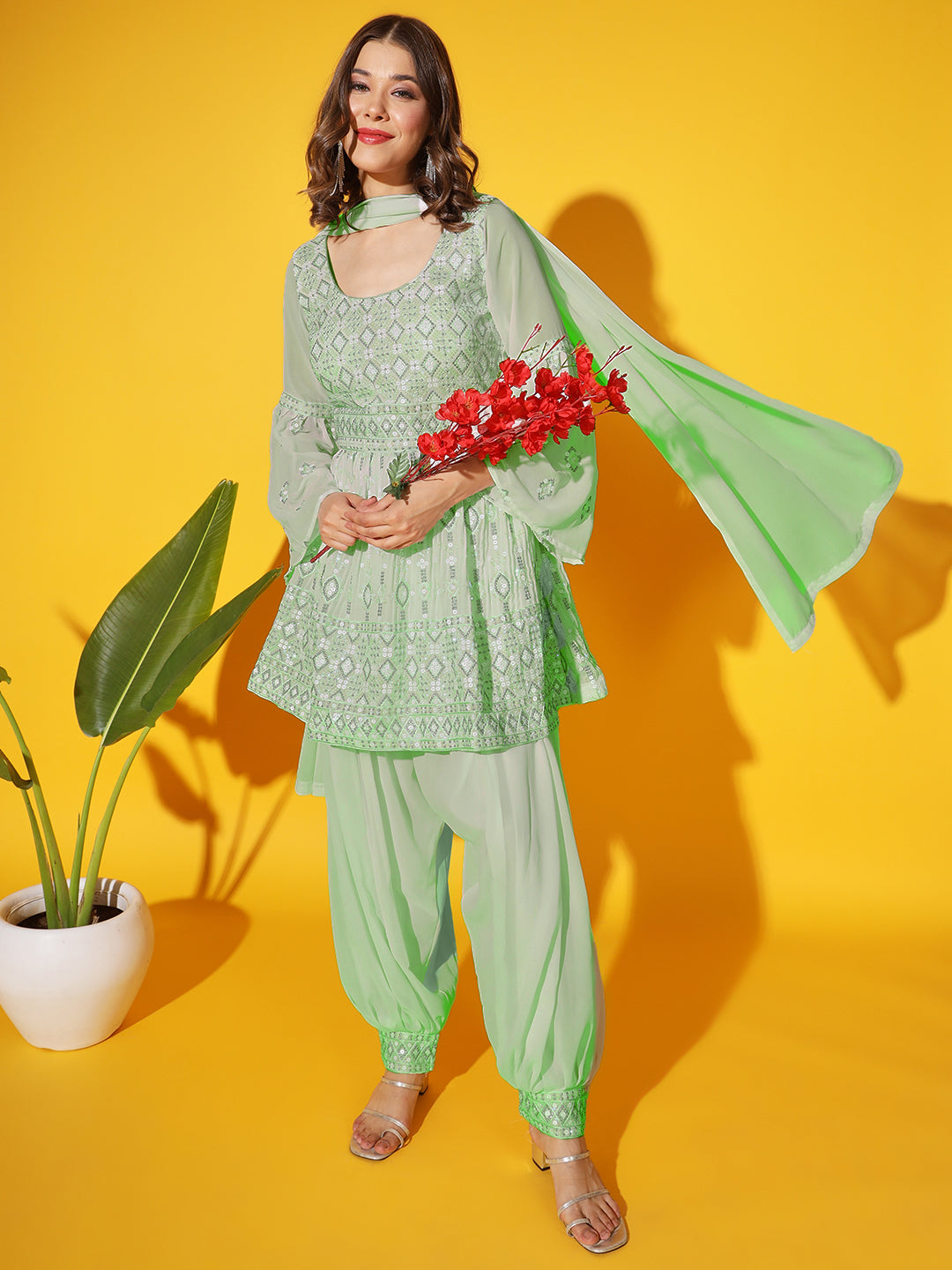 Chhabra 555 Peplum Resham Zari Embroidered Kurta Set with Embellished Afghan Salwar and Bell Sleeves