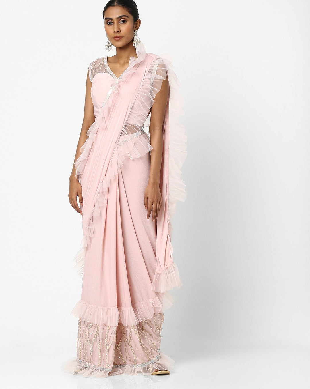 Made to Measure Nude Pink Ruffled Saree & Stylish Embellished Frills Blouse With Tassels