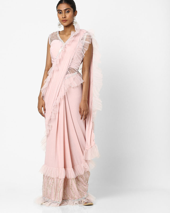 Made to Measure Nude Pink Ruffled Saree & Stylish Embellished Frills Blouse With Tassels
