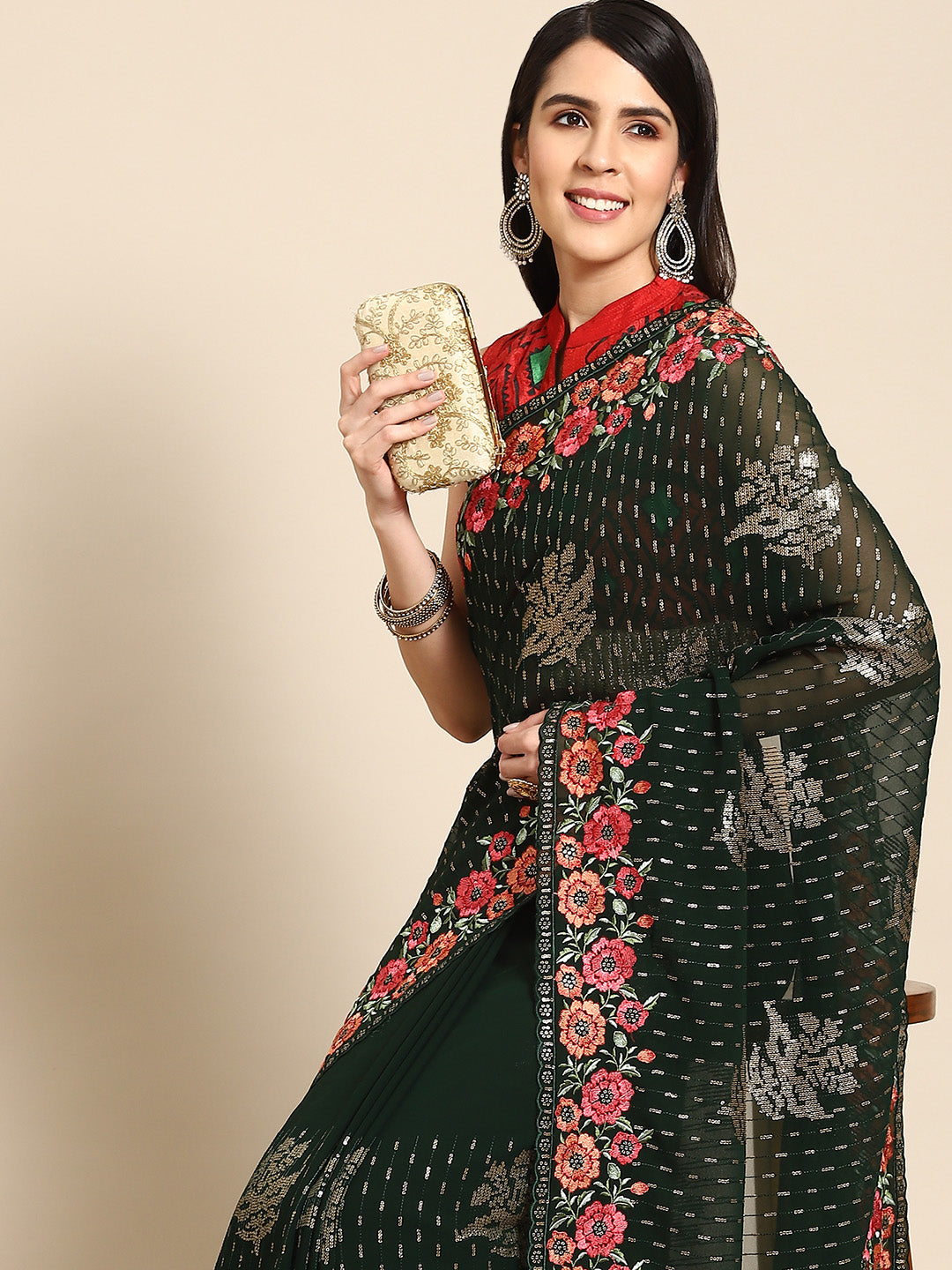 Chhabra 555 Sequin Embellished & Resham Embroidered Georgette Scalloped  Saree