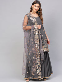 Chhabra 555 Made to Measure Grey Kurta Sharara Set with Zari Sequin Embroidery and Heavily embellished cut work dupatta