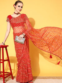 Chhabra 555 Jaipuri Leheriya Print Embroidered Georgette Saree With Multicolor Gota, Tassels 