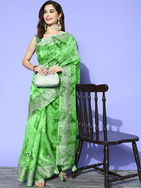 Green Tie & Dye Prints & Gota Patti, Resham Embroidered Saree