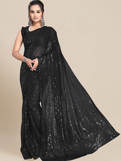 Chhabra 555 Black Sequin Embroidered Georgette Saree with Geometrical wavy patterns