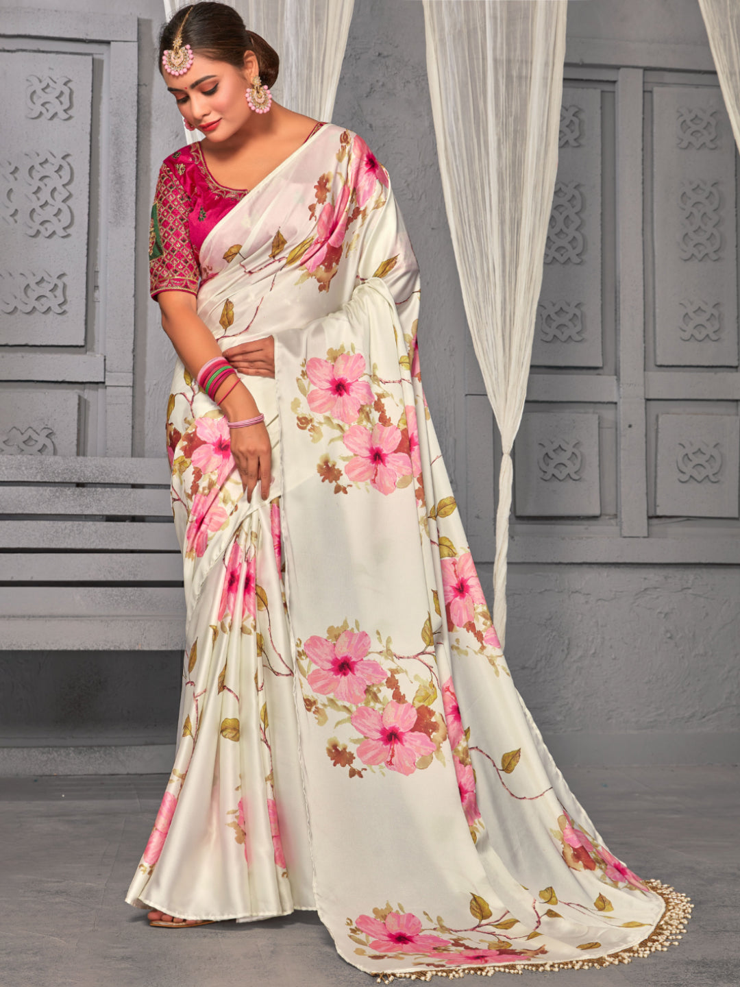 Chhabra 555 Floral Digital Print Saree with Pearl Tassled Pallu & Resham Zari Embroidered Blouse