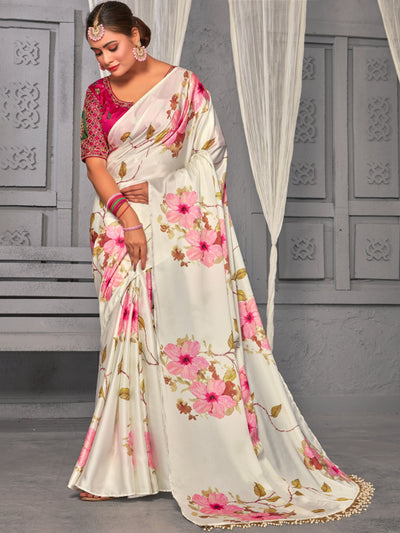 Chhabra 555 Floral Digital Print Saree with Pearl Tassled Pallu & Resham Zari Embroidered Blouse