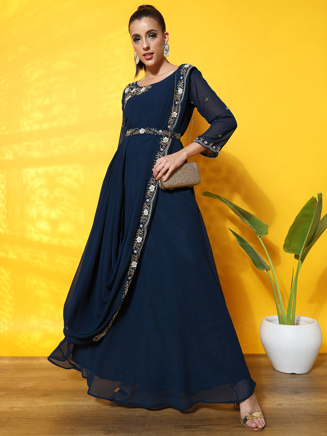 Green Hand Embellished Gown with attached dupatta-WRK439 – Women Republic