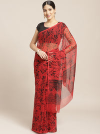 Red Chiffon Saree with Contemporary Floral Tulip Prints and ColorBlocking