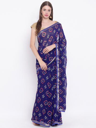 Chhabra 555 Blue Georgette Leheriya saree with Quirky Colorful prints and woven border