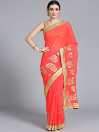 Chhabra 555 Coral Pink Resham & Zari Embroidered Georgette Saree wuth floral paisley motifs