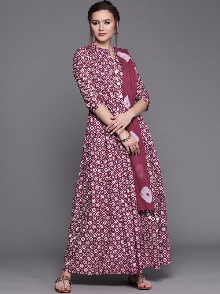 Burgundy ikat Printed Anarkali Kurta & Bandhani Dupatta