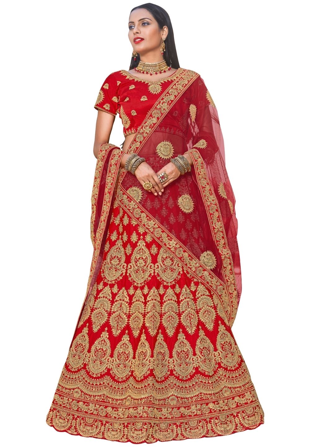 Gold & Red Satin Heavy Zari Embroidery Semistitched Lehenga Choli With Net Dupatta
