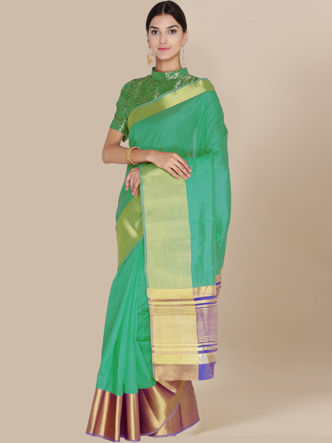 Green Art Silk Saree with Golden Border