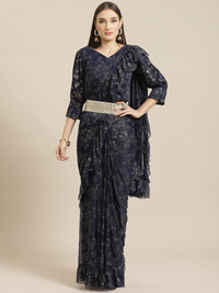 Ruffled Pre-Stitched Ruffles & Foil Printed Saree with Embellished Belt & Pleated Sleeve