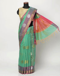 Blouse Pastel Chanderi Saree With Ethnic Motifs Weaving With Zari And Resham And Contrast Pallu, Border Attached Matching Blouse