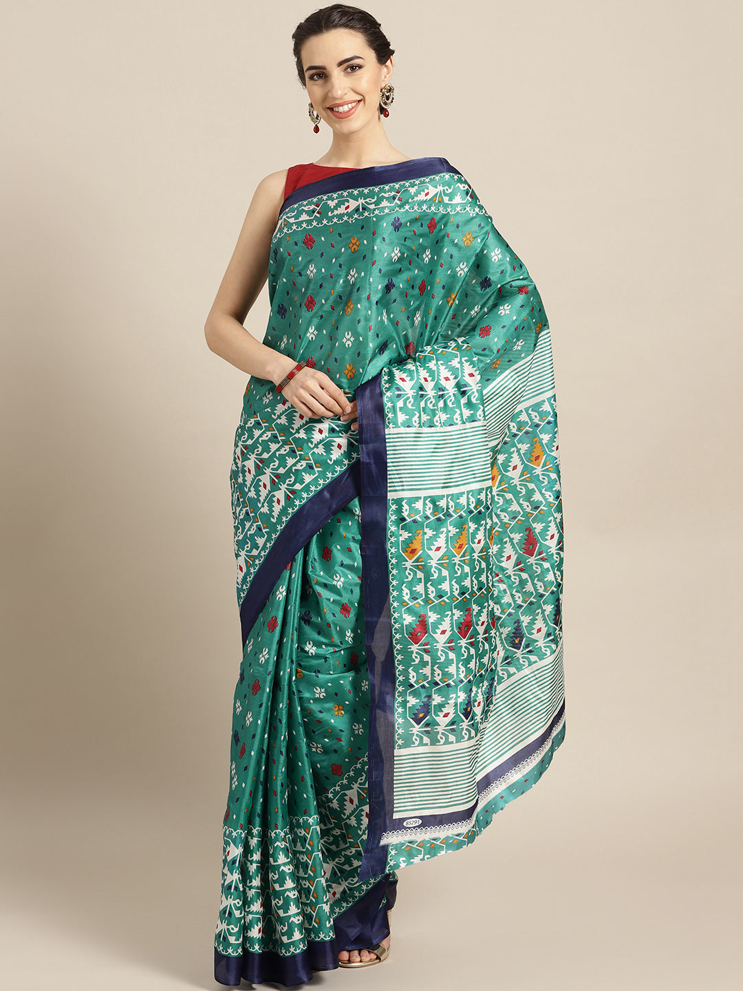 Chhabra 555 Turquoise Printed Bhagalpuri Saree with Tribal, Abstract and Ikat-inspired motifs