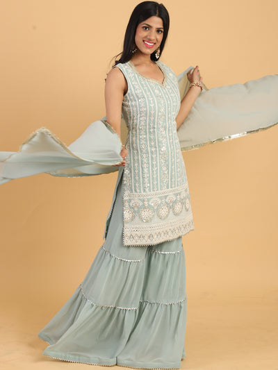 Chhabra 555 Made to Measure Sky Blue Resham & Sequin Embellished Georgette Kurta Sharara Dupatta Set