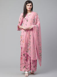 Chhabra 555 Unstitched Pink Cotton Dress Material with Floral Printing and Lace Borders on Dupatta