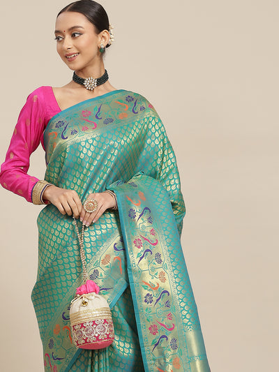 Chhabra 555 Rama Green Handwoven Paithani Silk Handloom Saree with Zari Meenakari Peacock Motifs 
