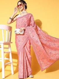 Chhabra 555 Pink Resham & Zari Floral Chinnon Embroidered Saree With Embellished Roses