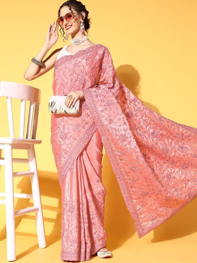 Chhabra 555 Pink Resham & Zari Floral Chinnon Embroidered Saree With Embellished Roses