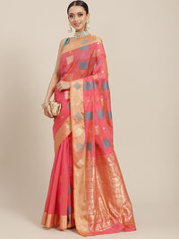 Chhabra 555 Coral Resham & Zari Woven Banarasi Silk Saree with Geometrical Motifs 