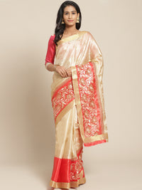 Tussar Handloom Banarasi Saree with Contrast Border & Resham Floral Embroidery