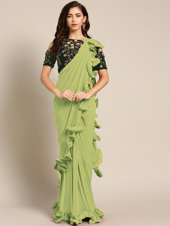 Draped Ruffled Pre-stitched Saree with Velvet Sequinned Crystal Embellished Blouse