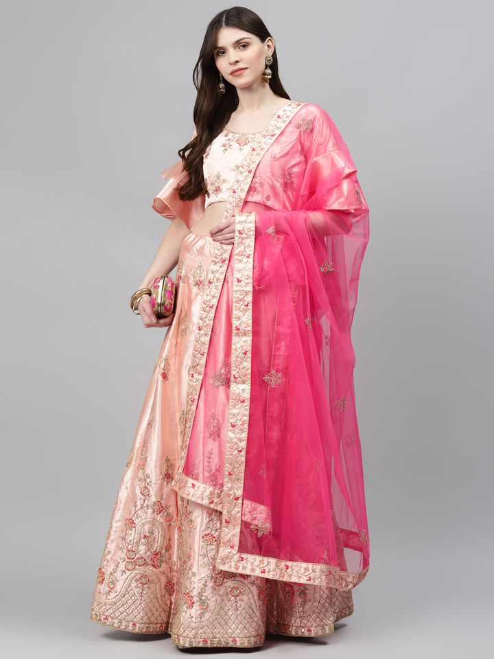 Pastel Semi-Stitched Lehenga Set with Zari & Resham Meenakari Floral Embroidery