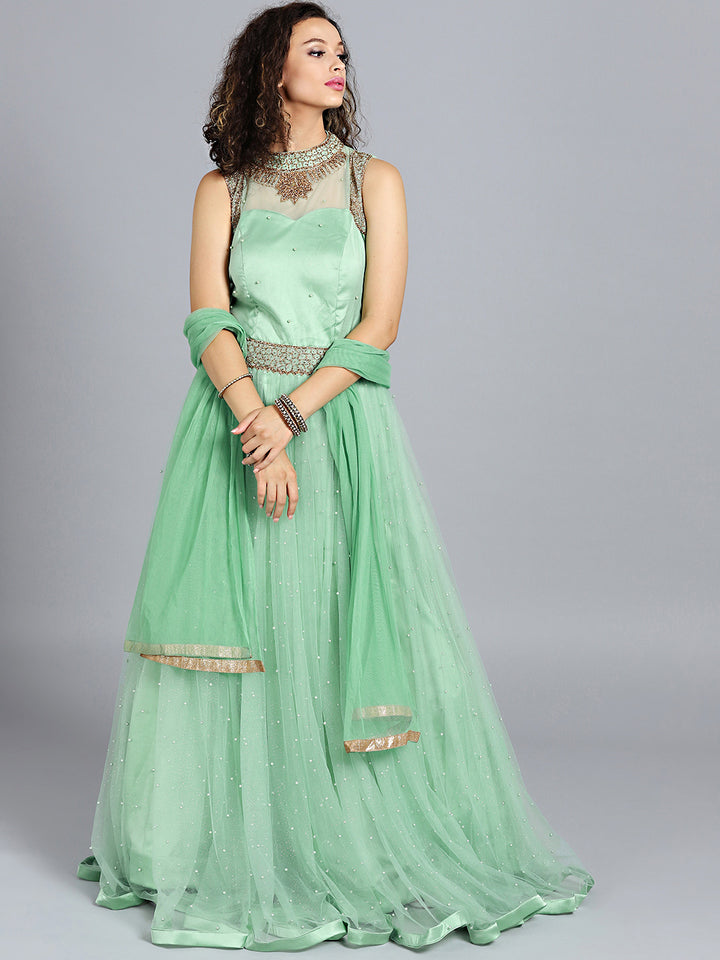 Chhabra 555 Sea Green Net Zircon Embroidered Stitched Gown With Net Dupatta