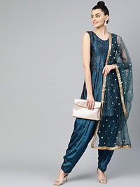 Chhabra 555 Made to Measure Teal Blue Kurta Set With Crystal embelishments, Patiala Salwar and Embroidered Dupatta